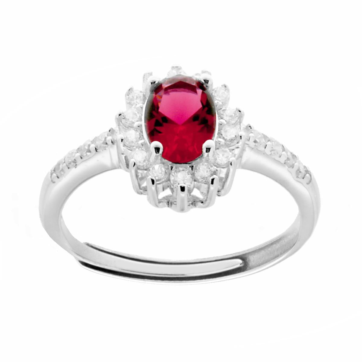 Anello Halo Solitario con Zircone Ovale colore Rosso Rubino e Zirconi Bianchi
