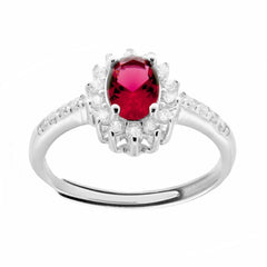 Anello Halo Solitario con Zircone Ovale colore Rosso Rubino e Zirconi Bianchi