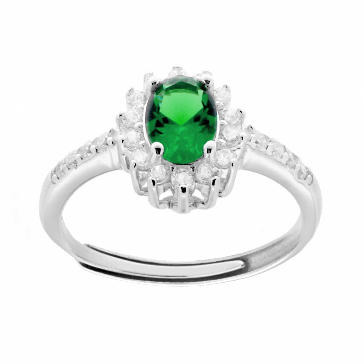 Anello Halo Solitario con Zircone Ovale colore Verde Smeraldo e Zirconi Bianchi