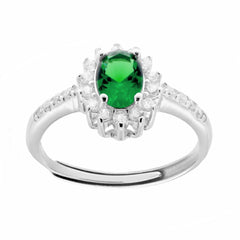 Anello Halo Solitario con Zircone Ovale colore Verde Smeraldo e Zirconi Bianchi