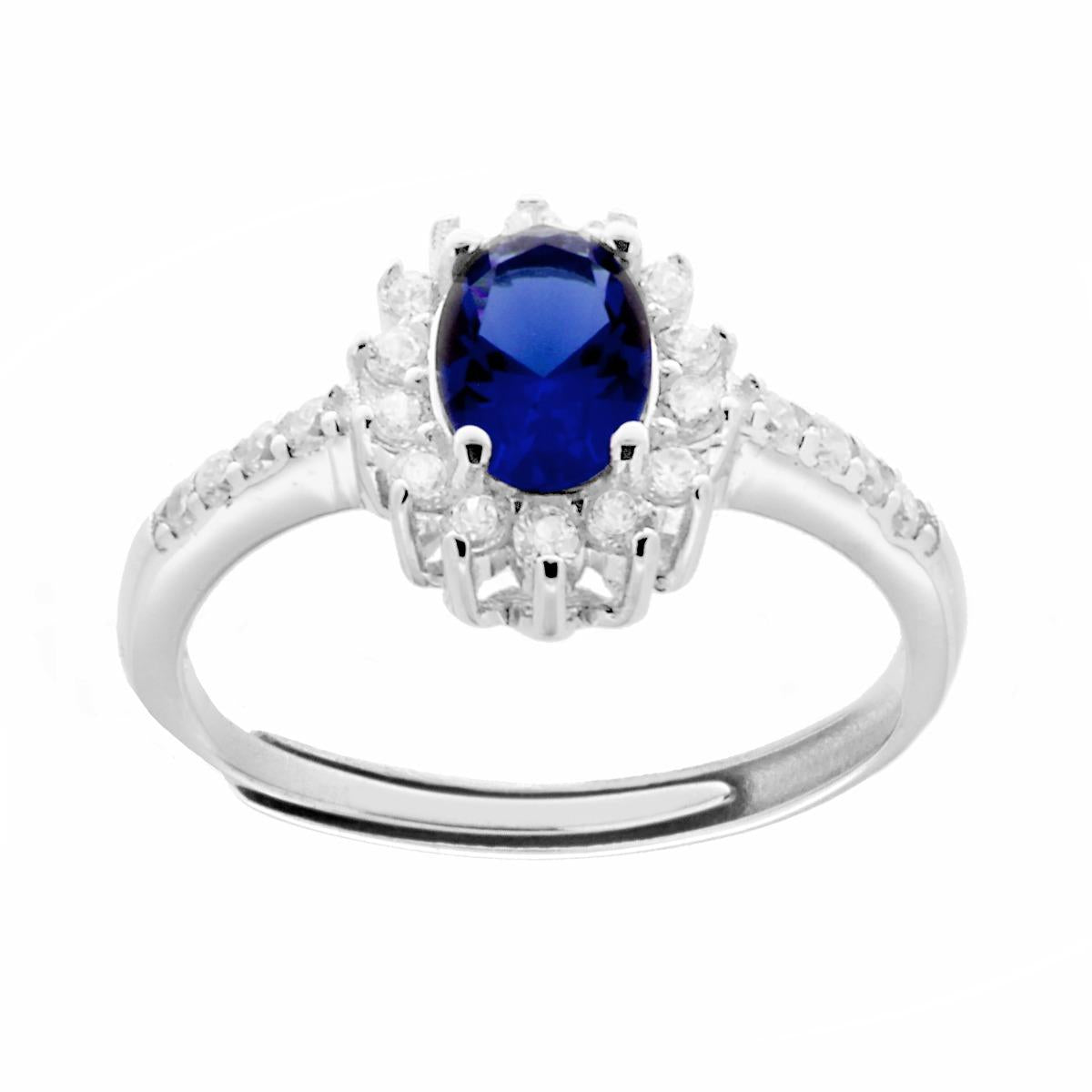 Anello Halo Solitario con Zircone Ovale colore Blu Zaffiro e Zirconi Bianchi