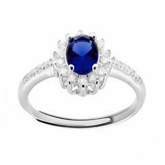 Anello Halo Solitario con Zircone Ovale colore Blu Zaffiro e Zirconi Bianchi