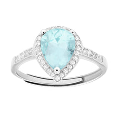 Anello Halo Solitario a Griffe con Zircone a Goccia Acquamarina contornato con Zirconi Bianchi