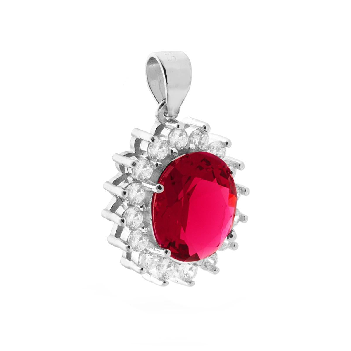 Ciondolo con Zircone Ovale Rosso Rubino contornato da Zirconi Bianchi