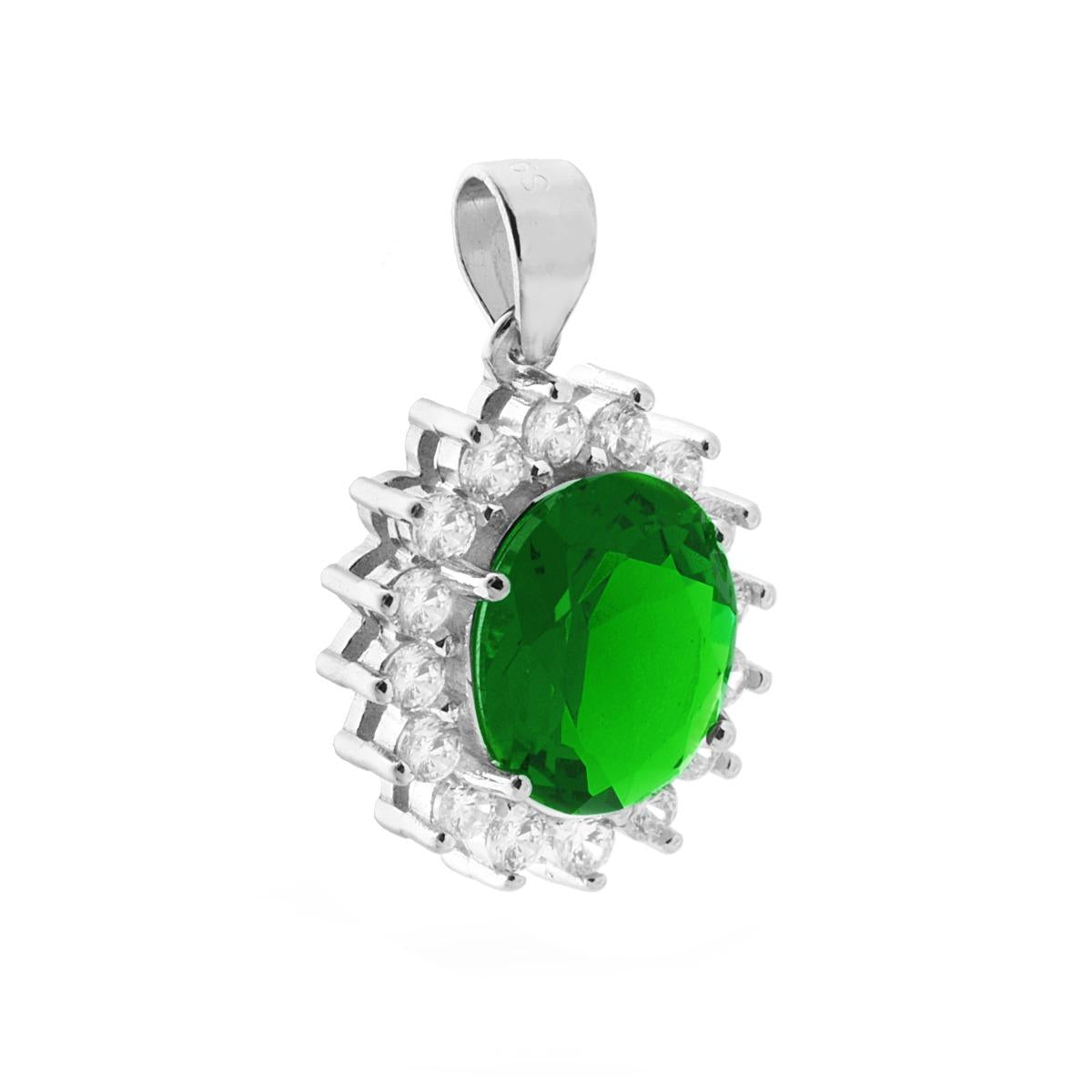 Ciondolo con Zircone Ovale Verde Smeraldo contornato da Zirconi Bianchi