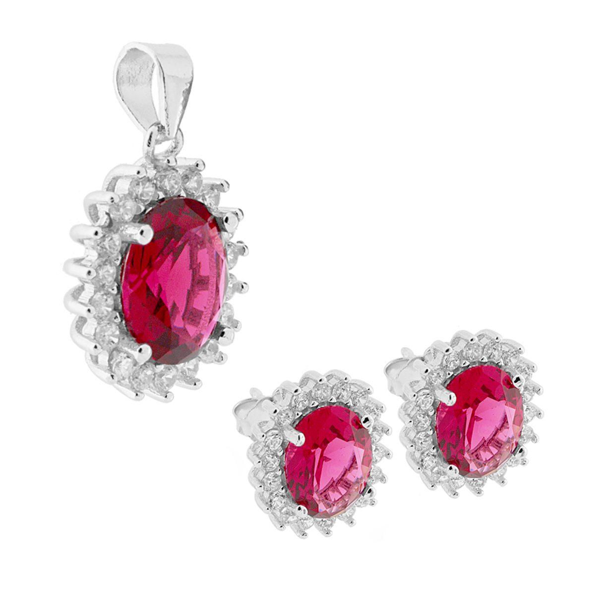 Parure Set Ciondolo e Orecchini Zircone Ovale Rosso Rubino contornato con Zirconi Bianco