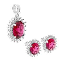 Parure Set Ciondolo e Orecchini Zircone Ovale Rosso Rubino contornato con Zirconi Bianco