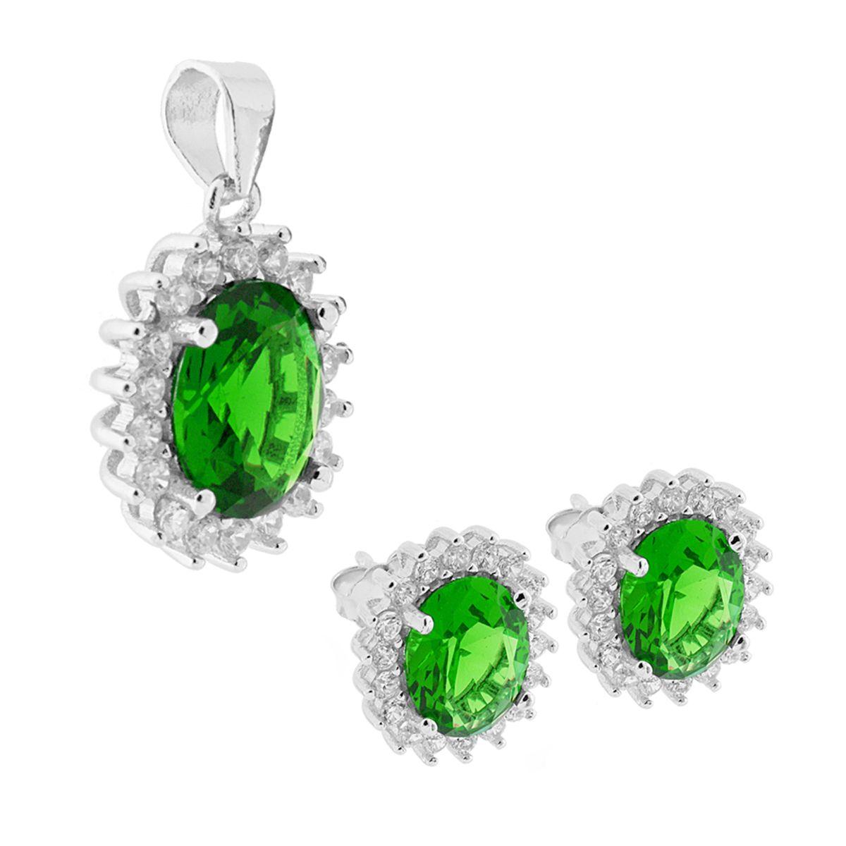 Parure Set Ciondolo e Orecchini Zircone Ovale Verde Smeraldo contornato con Zirconi Bianco