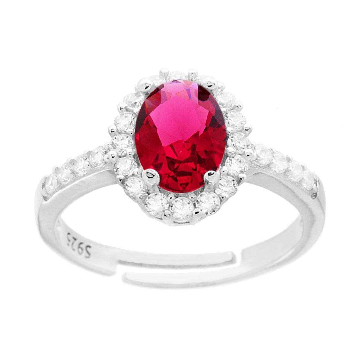 Anello Halo Solitario con Zircone ovale Rosso Rubino contornato con Zirconi Bianchi