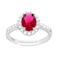 Anello Halo Solitario con Zircone ovale Rosso Rubino contornato con Zirconi Bianchi