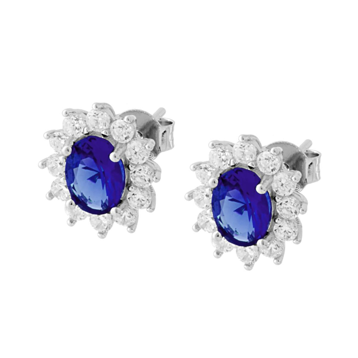Orecchini Ovale Zircone Blu Zaffiro contornato da Zirconi Bianchi