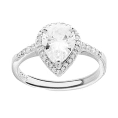 Anello Halo Solitario a Griffe con Zircone a Goccia Bianco contornato da Zirconi Bianchi