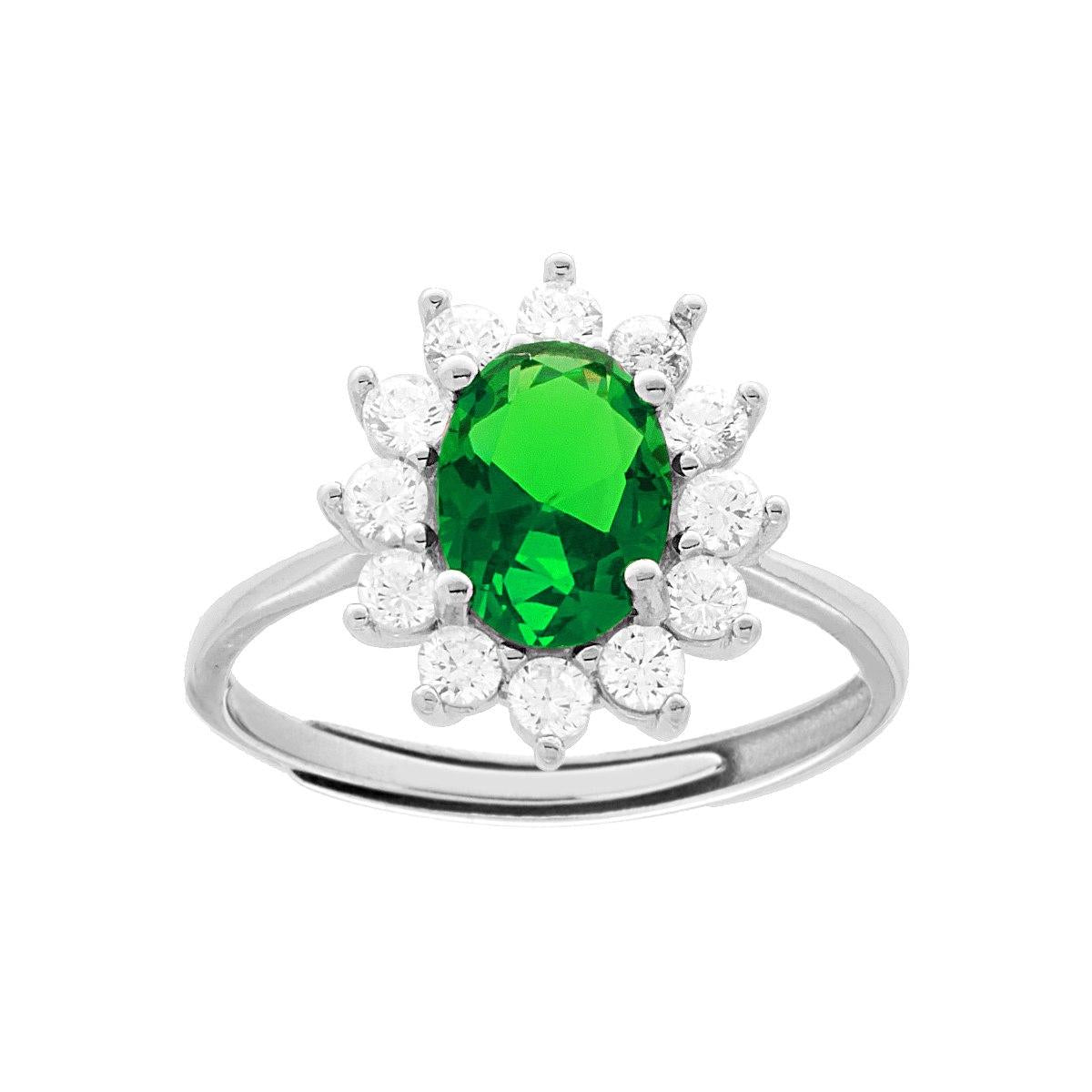 Anello Halo Solitario con Zircone Ovale Verde Smeraldo contornato da Zirconi Bianchi
