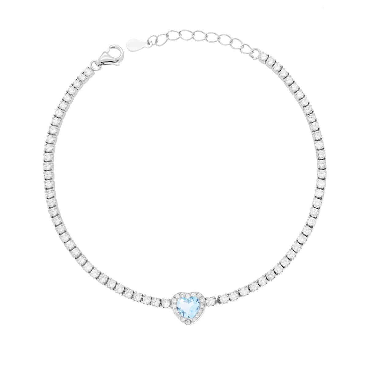 Bracciale Tennis Griffe cm 17+3 con Zirconi mm 2 Bianchi con Zircone Cuore centrale Acquamarina contornato da Zirconi Bianchi