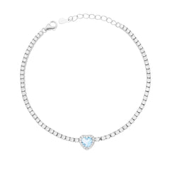Bracciale Tennis Griffe cm 17+3 con Zirconi mm 2 Bianchi con Zircone Cuore centrale Acquamarina contornato da Zirconi Bianchi