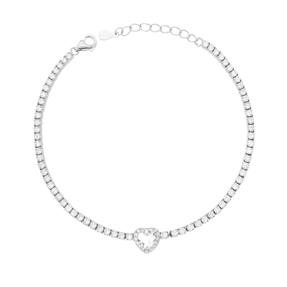 Bracciale Tennis Griffe cm 17+3 con Zirconi mm 2 Bianchi con Zircone Cuore centrale Bianco contornato da Zirconi Bianchi
