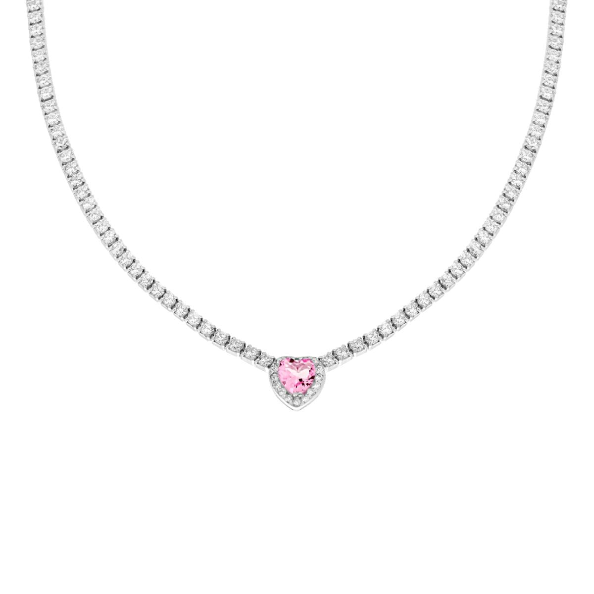 Collana Tennis Griffe cm 40+5 con Zirconi Bianchi con Zircone Cuore centrale Rosa contornato da Zirconi Bianchi