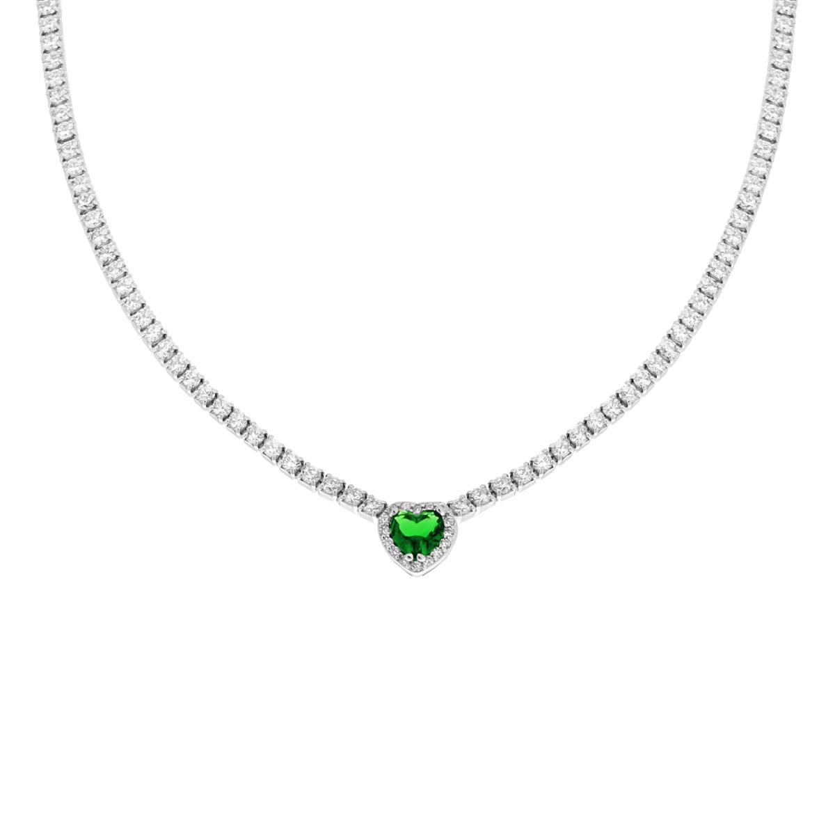 Collana Tennis Griffe cm 40+5 con Zirconi Bianchi con Zircone Cuore centrale Verde Smeraldo contornato da Zirconi Bianchi
