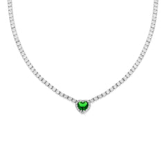 Collana Tennis Griffe cm 40+5 con Zirconi Bianchi con Zircone Cuore centrale Verde Smeraldo contornato da Zirconi Bianchi