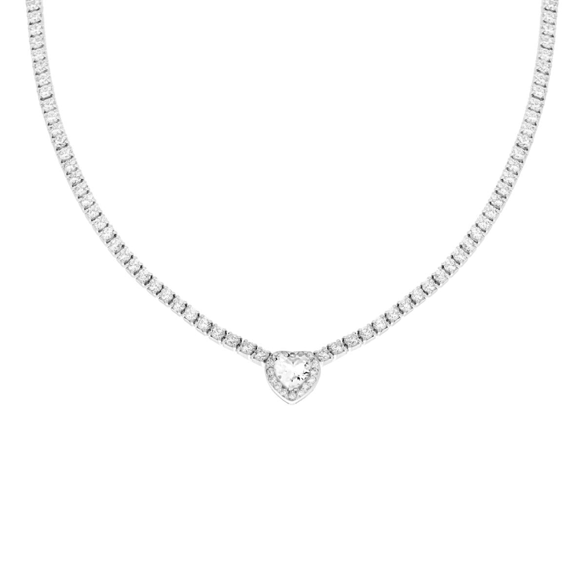 Collana Tennis con Cubic Zirconia Bianchi con Cubic Zirconia Cuore centrale Bianco contornato da Cubic Zirconia Bianchi