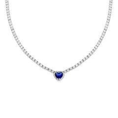 Collana Tennis Griffe cm 40+5 con Zirconi Bianchi con Zircone Cuore centrale Blu Zaffiro contornato da Zirconi Bianchi