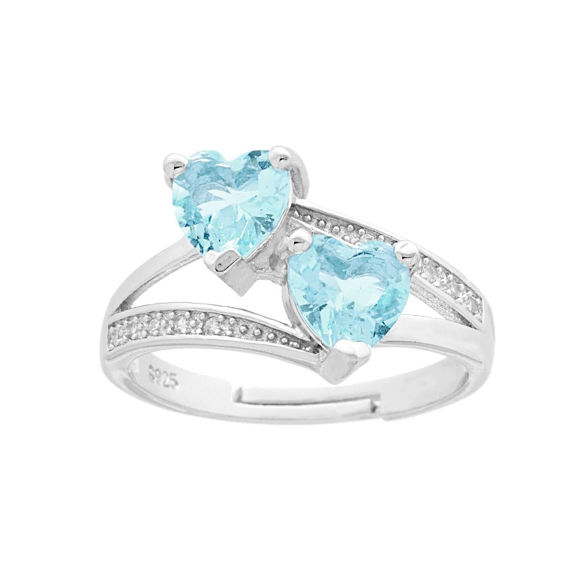 Anello doppio Cuore Acquamarina mm 5 con Zirconi Bianco