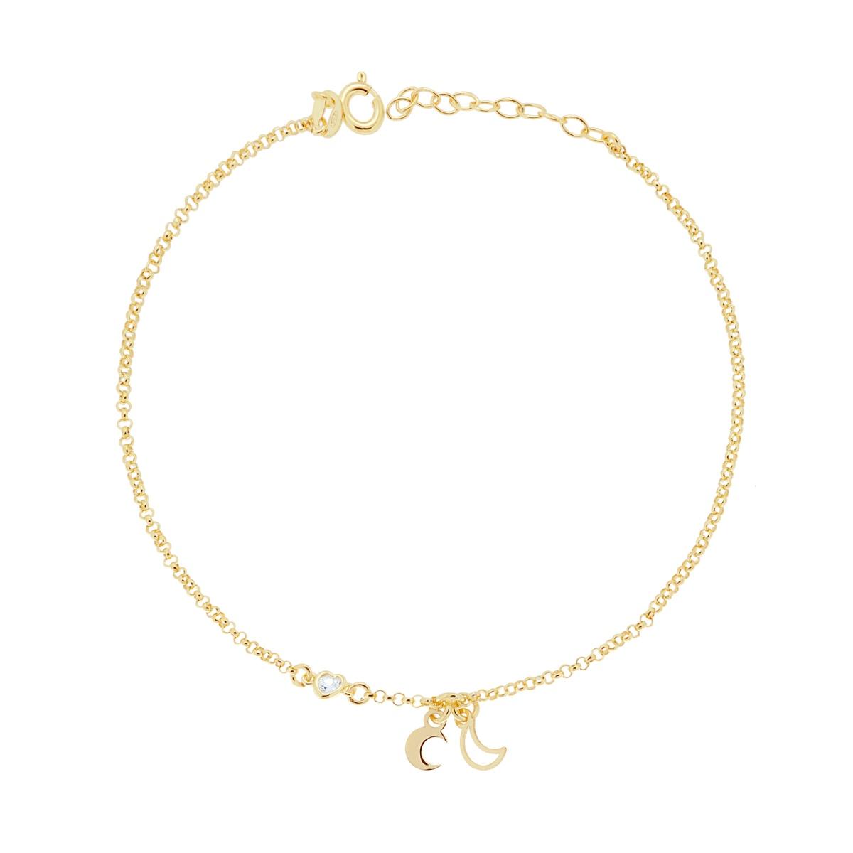Cavigliera Catena Rolo Diamantata con Lune e Zircone a Cuore Bianco