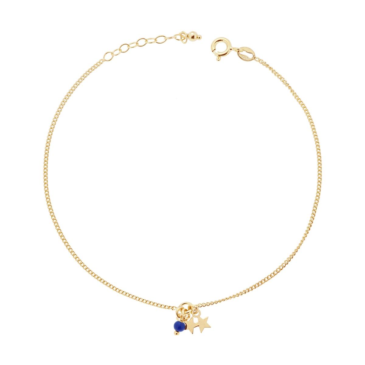 Cavigliera Catena Grumetta Diamantata con Stelle plain e Perlina Blu