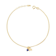 Cavigliera Catena Grumetta Diamantata con Stelle plain e Perlina Blu