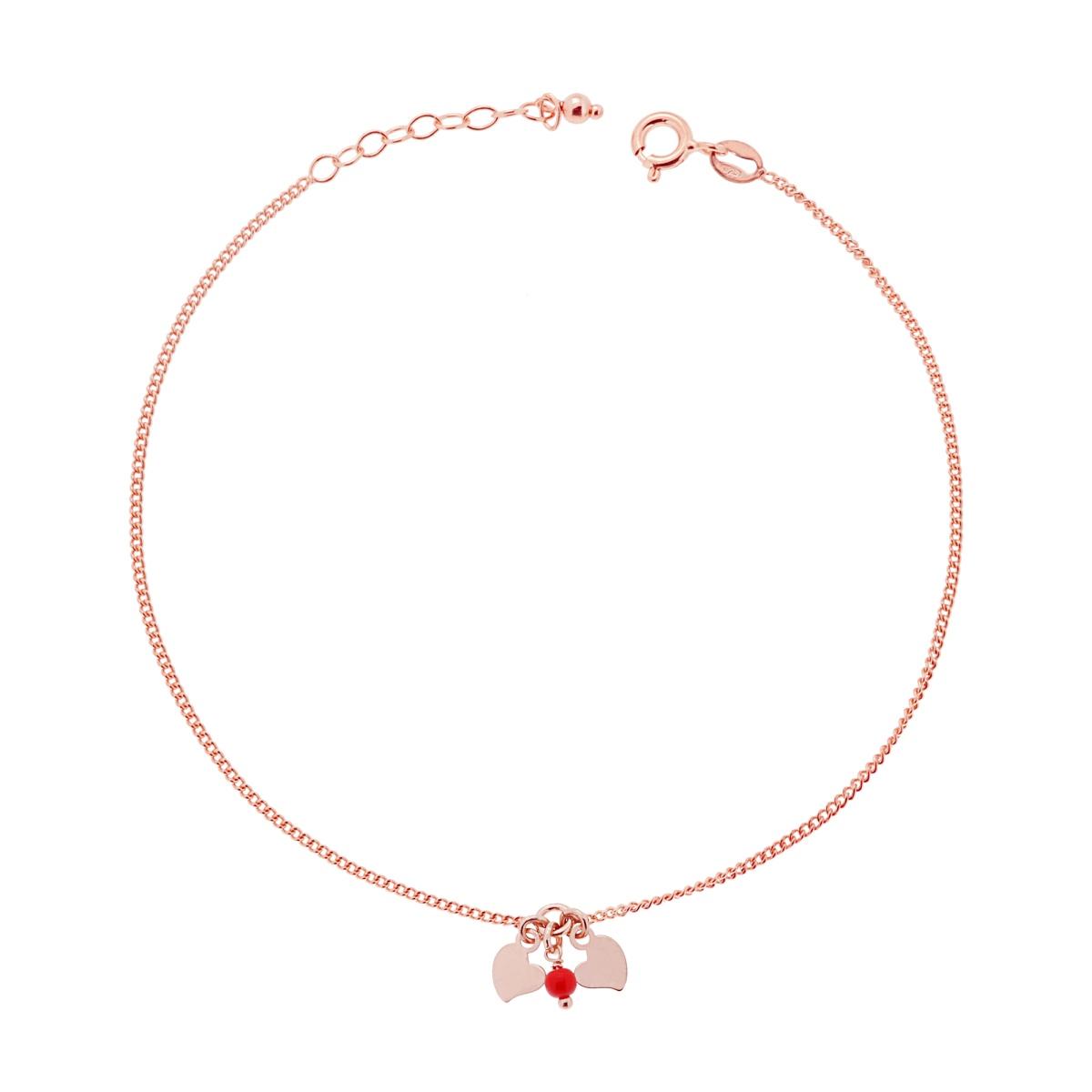 Cavigliera Catena Grumetta Diamantata con Cuori plain e Perlina Rosso