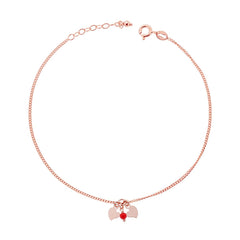 Cavigliera Catena Grumetta Diamantata con Cuori plain e Perlina Rosso