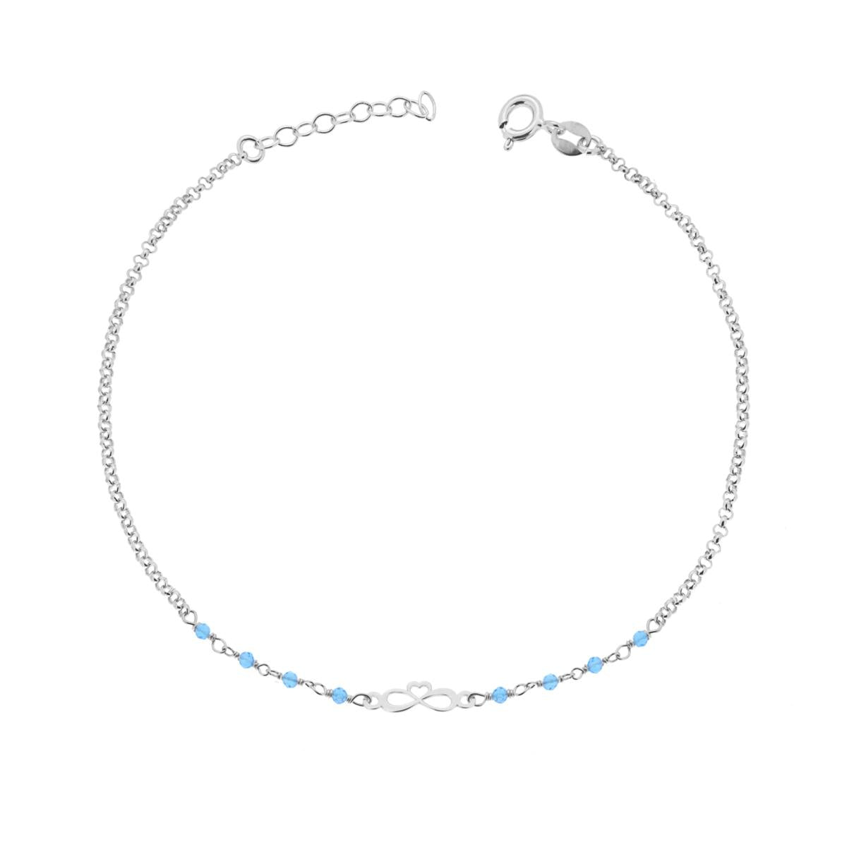 Cavigliera Catena Rolo Diamantata con Infinito Cuore e Crystal Azzurro