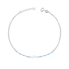 Cavigliera Catena Rolo Diamantata con Infinito Cuore e Crystal Azzurro
