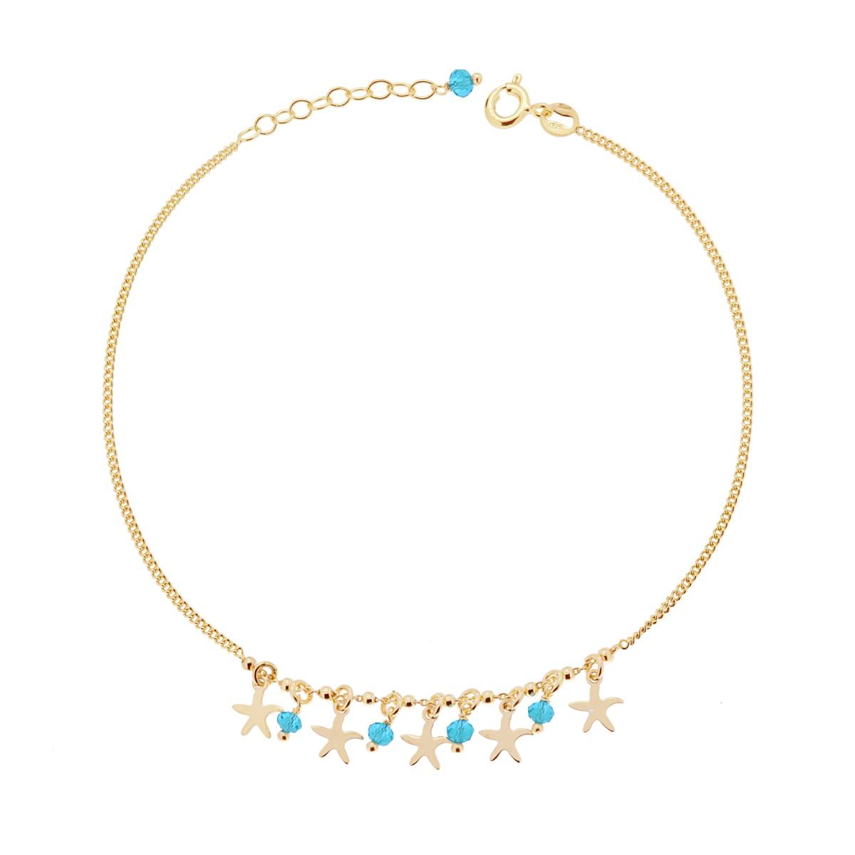 Cavigliera Catena Grumetta Diamantata con Stelle Marine plain e Crystal Azzurri pendenti
