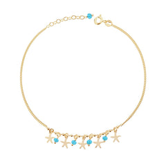 Cavigliera Catena Grumetta Diamantata con Stelle Marine plain e Crystal Azzurri pendenti