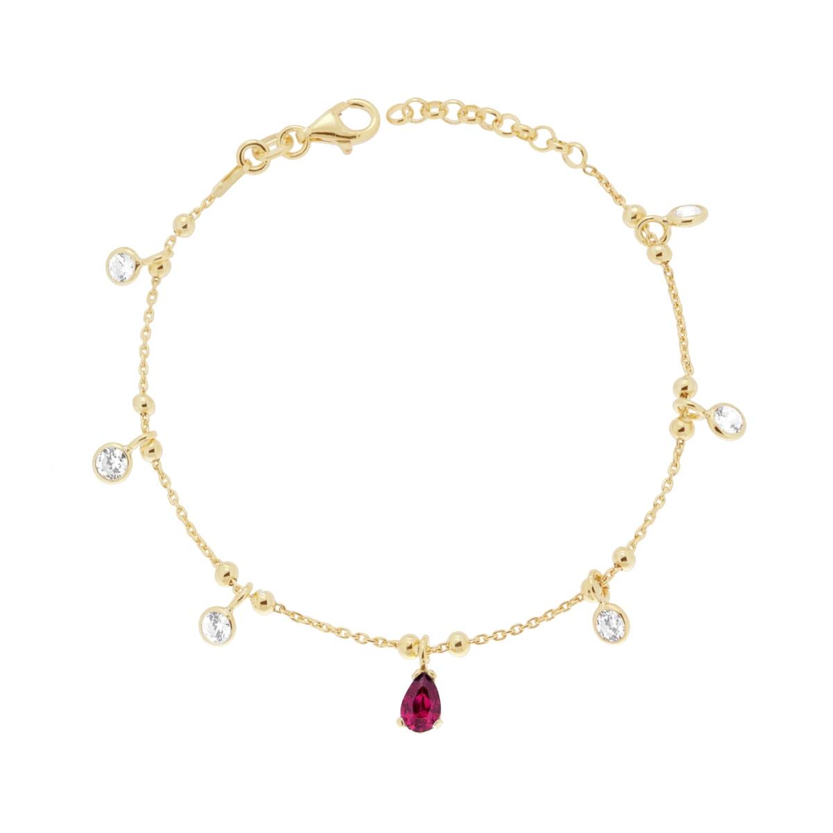Bracciale Catena Forzatina Diamantata con Cubic Zirconia Bianchi e Goccia Rosso Rubino pendenti