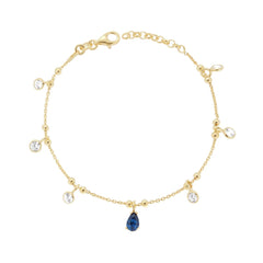 Bracciale Catena Forzatina Diamantata con Cubic Zirconia Bianchi e Goccia Blu Zaffiro pendenti