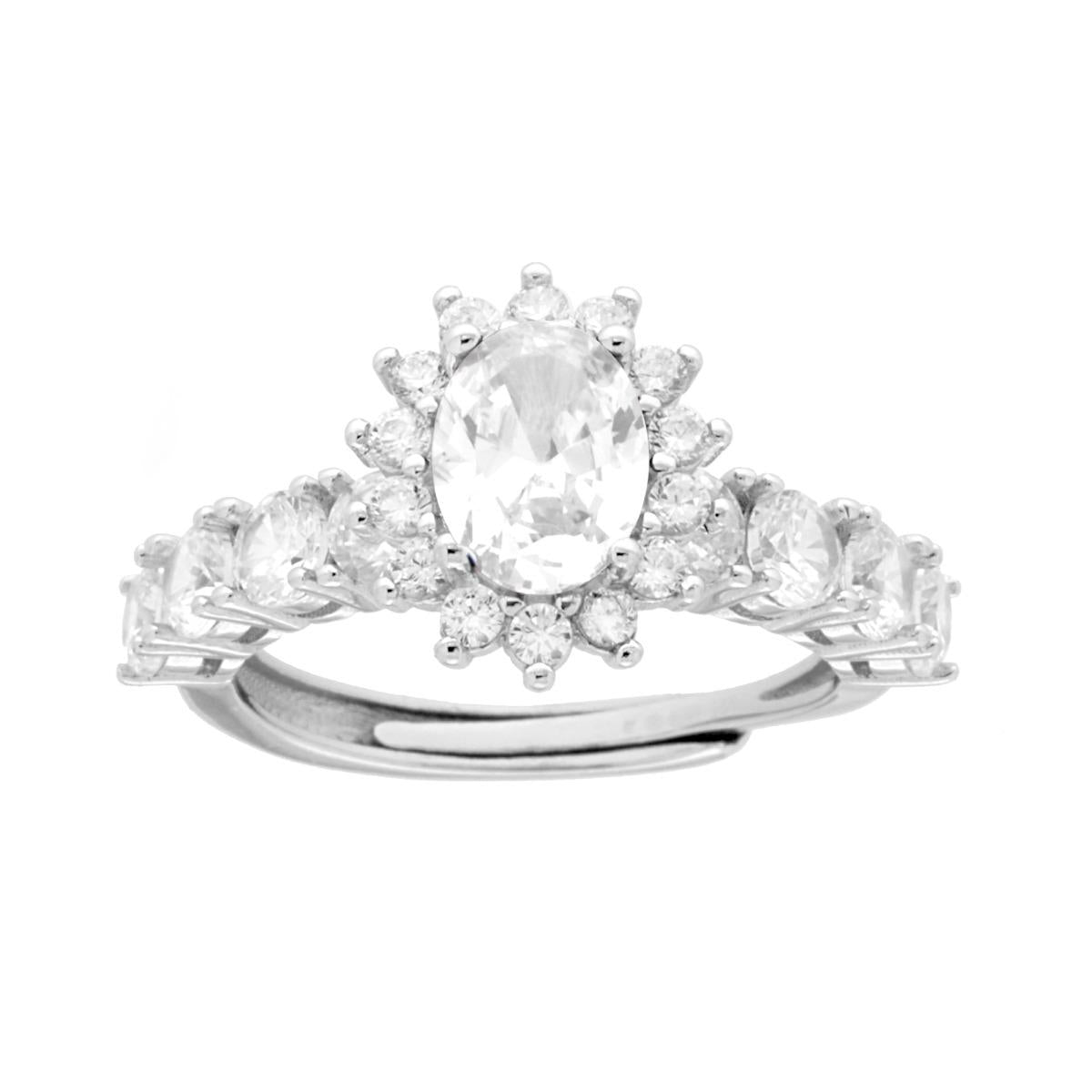 Anello Halo Veretta Ovale Bianco contornato con Cubic Zirconia Bianchi