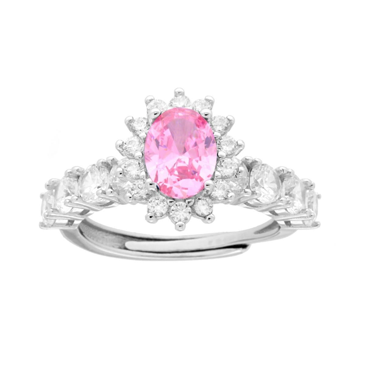 Anello Halo Veretta Ovale Rosa contornato con Cubic Zirconia Bianchi