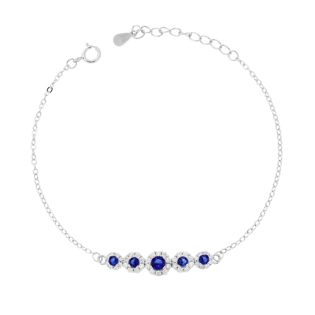 Bracciale Catena Forzatina Diamantata con Fiori Cubic Zirconia Blu Zaffiro e Bianchi
