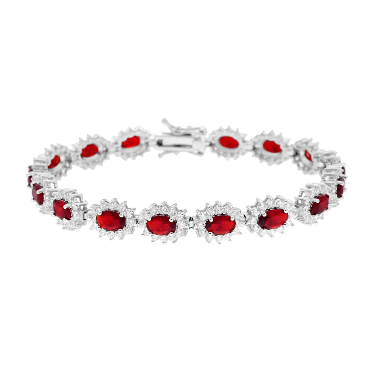 Bracciale Tennis cm 18 Ovali Rosso Rubino contornati da Cubic Zirconia Bianchi