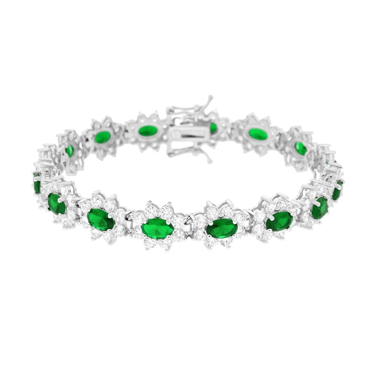 Bracciale Tennis cm 18 Ovali Verde Smeraldo contornati da Cubic Zirconia Bianchi
