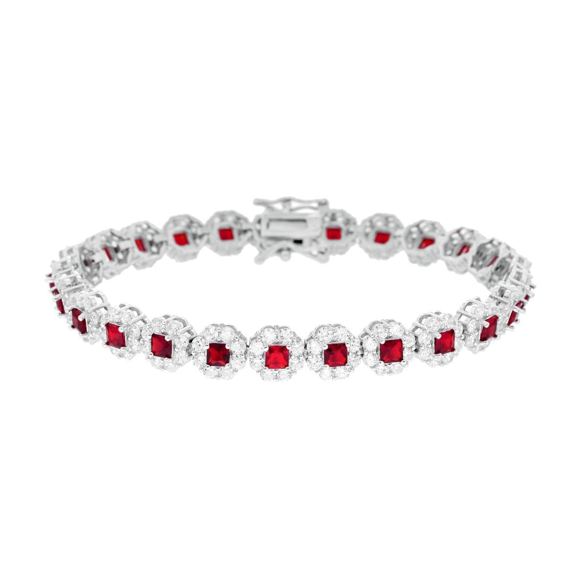 Bracciale Tennis cm 18 Fiori Rosso Rubino Carre contornati da Cubic Zirconia Bianchi