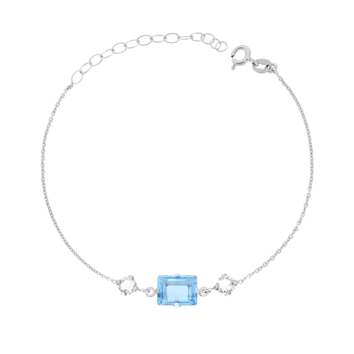 Bracciale Catena Forzatina Diamantata con Punti Luce Tondo e Baguette Crystal Bianco e Acquamarina