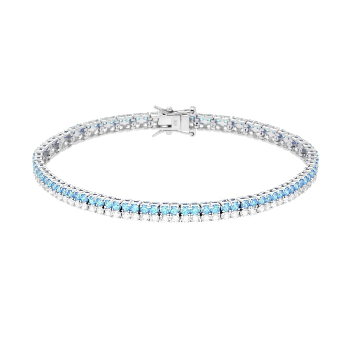 Bracciale Tennis Griffe cm 18 due fili Zirconi mm 2 Acquamarina e Bianco in ARGENTO