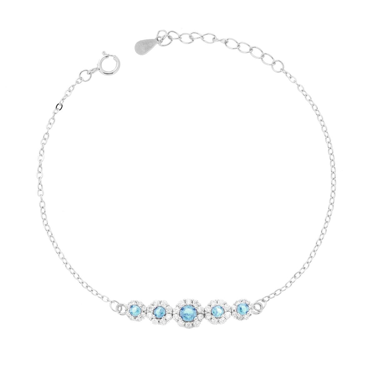 Bracciale Catena Forzatina Diamantata con Fiori Cubic Zirconia Acquamarina e Bianchi