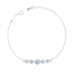 Bracciale Catena Forzatina Diamantata con Fiori Cubic Zirconia Acquamarina e Bianchi