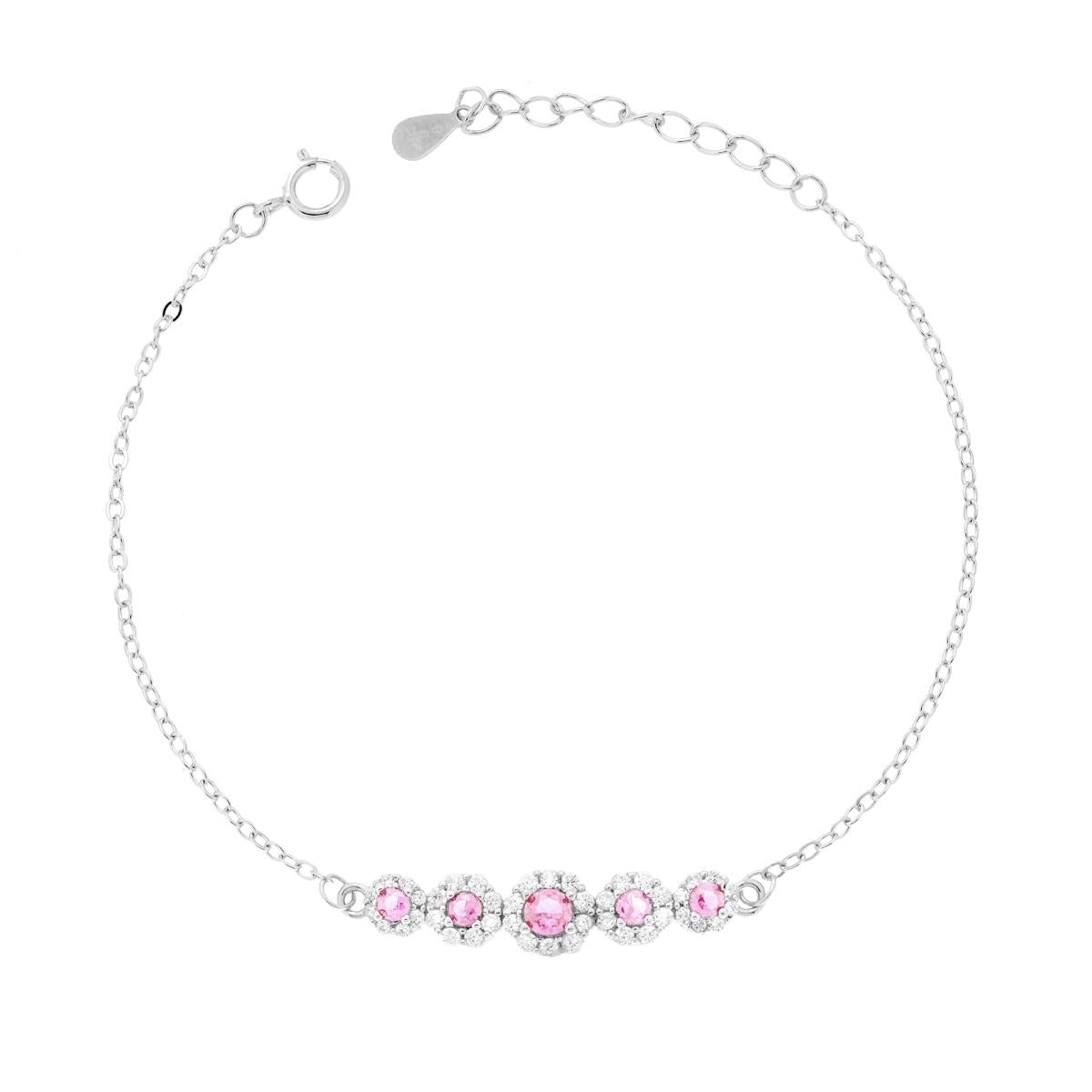 Bracciale Catena Forzatina Diamantata con Fiori Cubic Zirconia Rosa e Bianchi