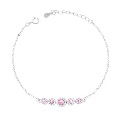 Bracciale Catena Forzatina Diamantata con Fiori Cubic Zirconia Rosa e Bianchi