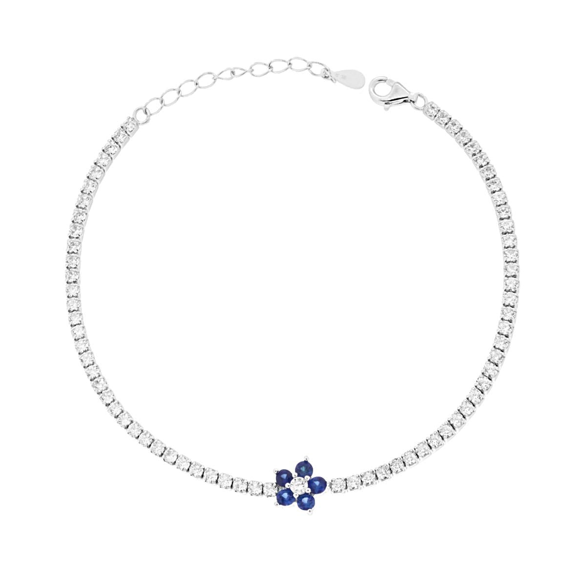 Bracciale Tennis con Fiore Blu Zaffiro e Cubic Zirconia Bianchi in